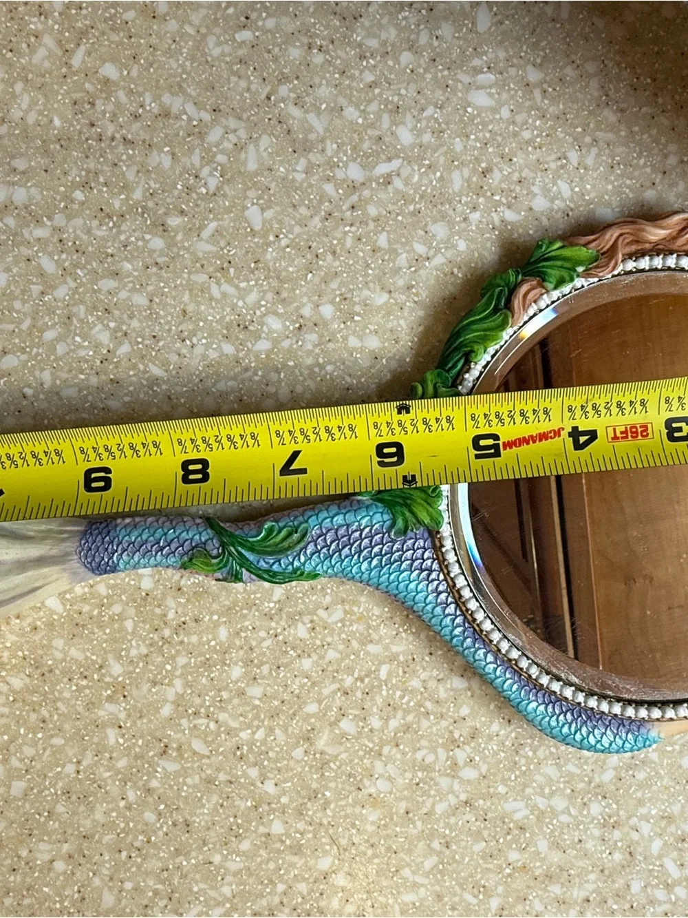 Mermaid Scale Hand Mirror with Green Leaf Accents